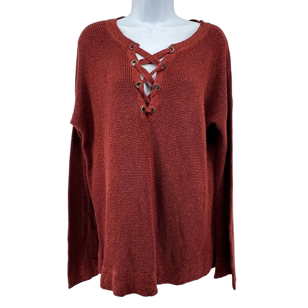 American Eagle Lace Up Waffle Knit Sweater Boho Earthy Lounge Womens L
